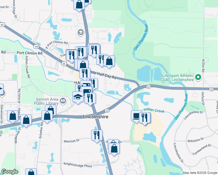 map of restaurants, bars, coffee shops, grocery stores, and more near 445 Village Green South in Lincolnshire