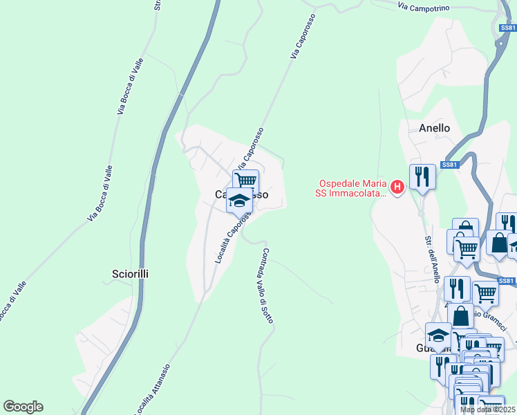 map of restaurants, bars, coffee shops, grocery stores, and more near 71 Località Caporosso in Caporosso