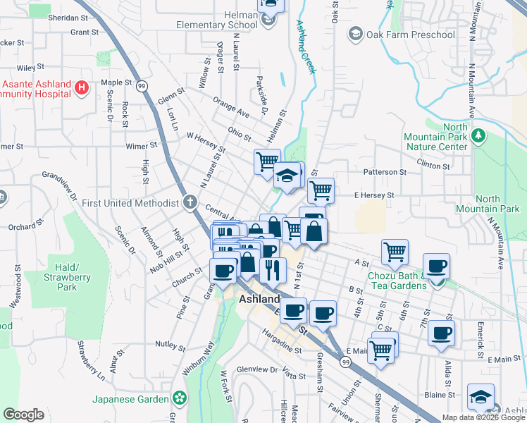 map of restaurants, bars, coffee shops, grocery stores, and more near 40 Van Ness Avenue in Ashland