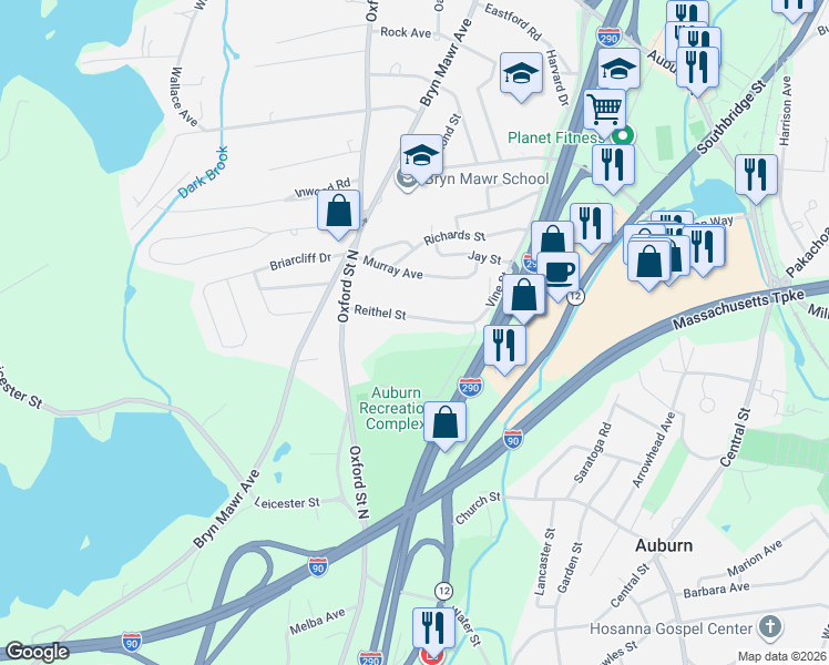 map of restaurants, bars, coffee shops, grocery stores, and more near 31 Reithel Street in Auburn