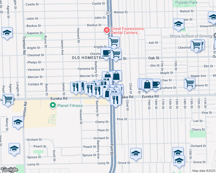 map of restaurants, bars, coffee shops, grocery stores, and more near 12733 Catalpa Street in Southgate