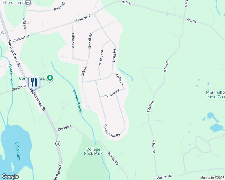 map of restaurants, bars, coffee shops, grocery stores, and more near 9 Bowker Road in Hopkinton