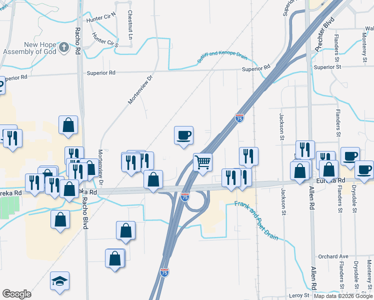 map of restaurants, bars, coffee shops, grocery stores, and more near 21080 Penn Street in Taylor