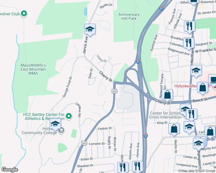 map of restaurants, bars, coffee shops, grocery stores, and more near 10 Maple Crest Circle in Holyoke