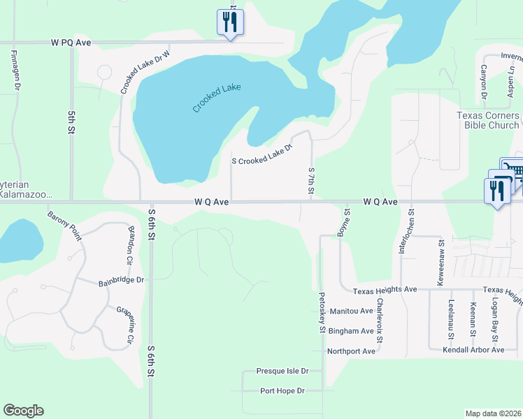 map of restaurants, bars, coffee shops, grocery stores, and more near 7895 West Q Avenue in Kalamazoo