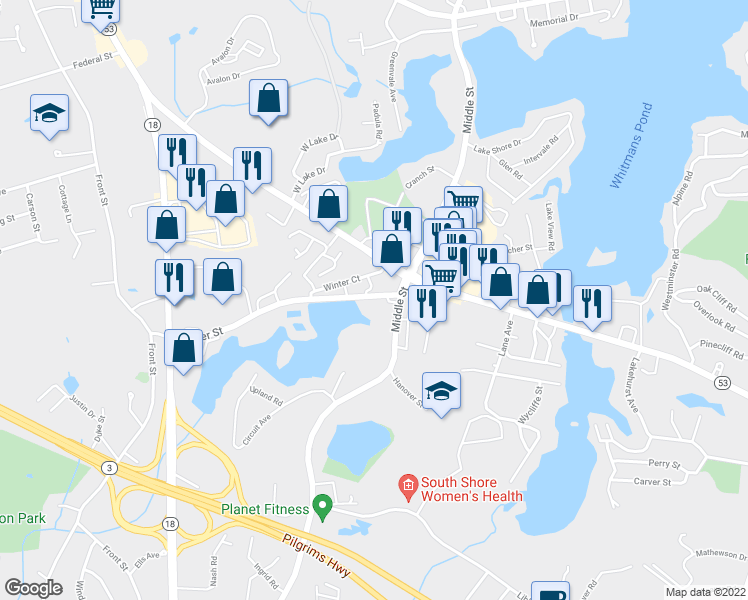 map of restaurants, bars, coffee shops, grocery stores, and more near 210 Winter Street in Weymouth