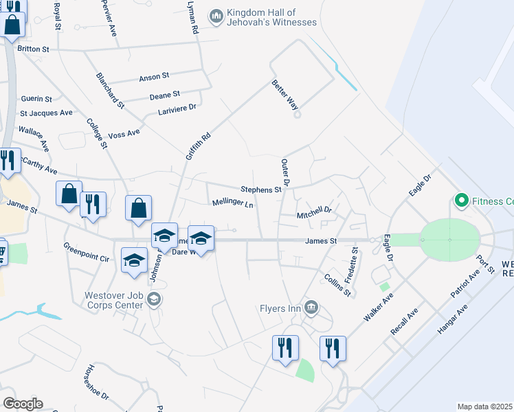 map of restaurants, bars, coffee shops, grocery stores, and more near 2 Mellinger Lane in Chicopee