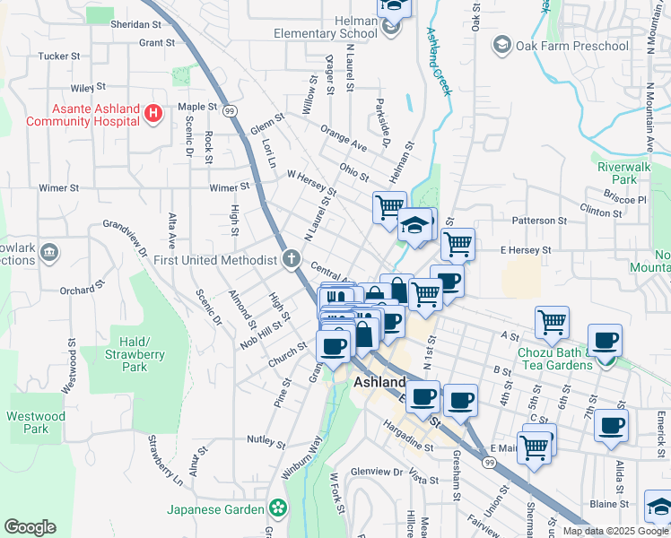 map of restaurants, bars, coffee shops, grocery stores, and more near 128 Central Avenue in Ashland
