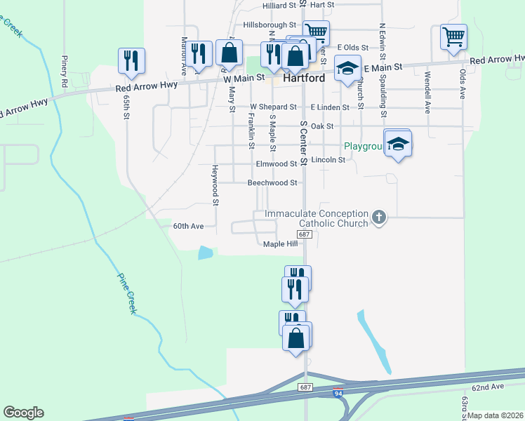 map of restaurants, bars, coffee shops, grocery stores, and more near Maple Hill in Hartford