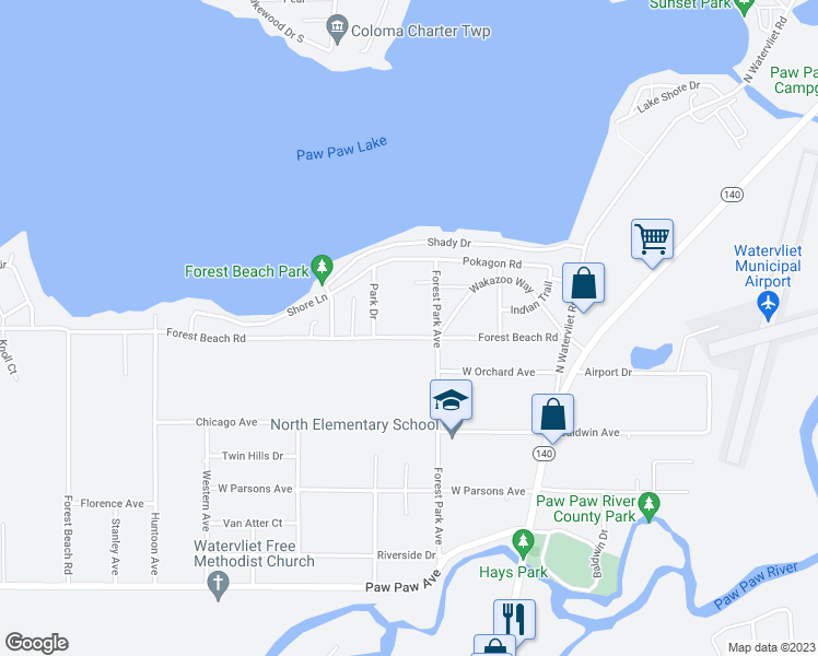 map of restaurants, bars, coffee shops, grocery stores, and more near 8057 Forest Beach Road in Watervliet