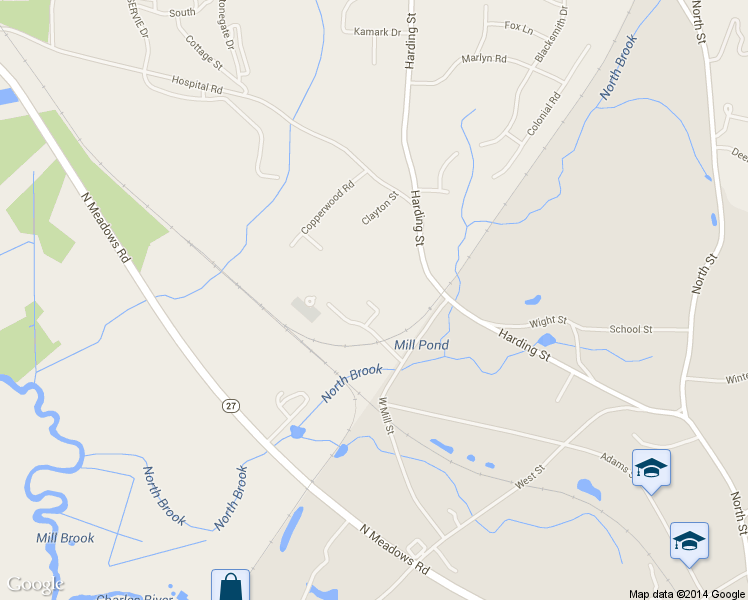 map of restaurants, bars, coffee shops, grocery stores, and more near 1 Ice House Road in Medfield