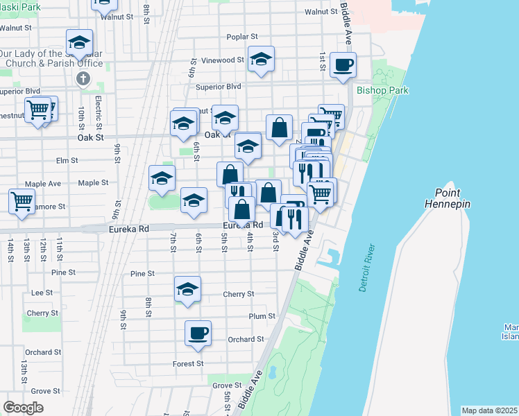 map of restaurants, bars, coffee shops, grocery stores, and more near 345 Sycamore Street in Wyandotte