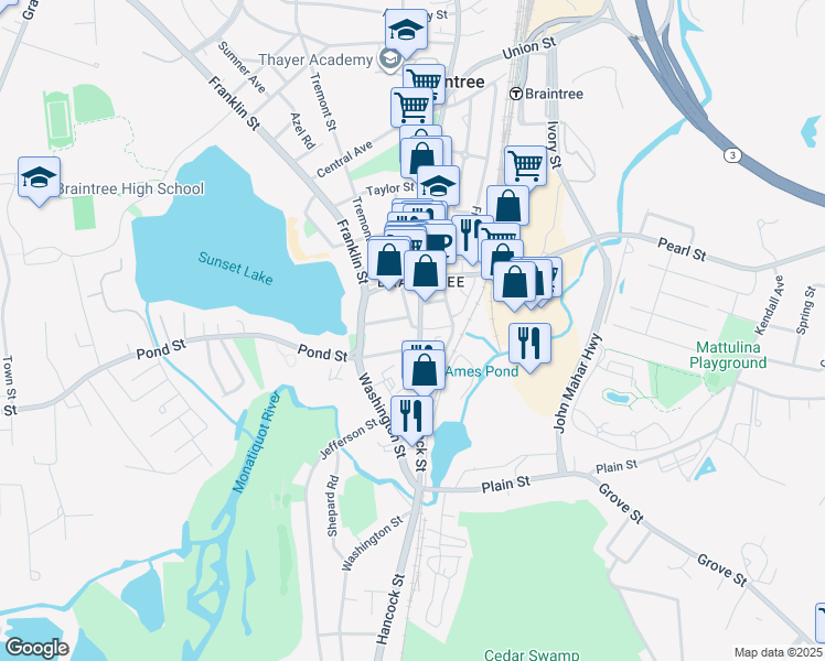 map of restaurants, bars, coffee shops, grocery stores, and more near 34 Hall Avenue in Braintree