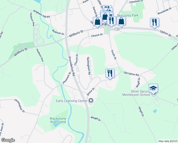 map of restaurants, bars, coffee shops, grocery stores, and more near 32 Nottingham Road in Grafton