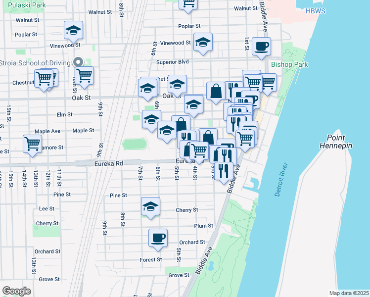 map of restaurants, bars, coffee shops, grocery stores, and more near 426 Sycamore Street in Wyandotte
