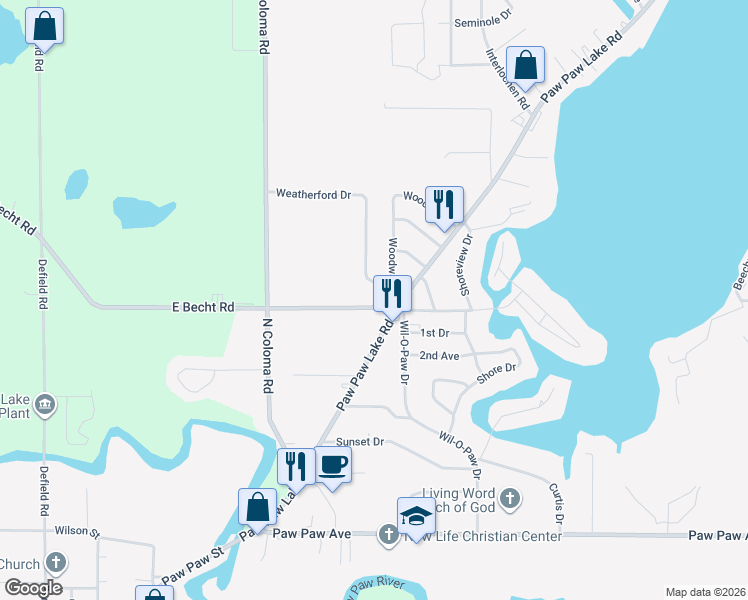 map of restaurants, bars, coffee shops, grocery stores, and more near 6682 East Becht Road in Coloma