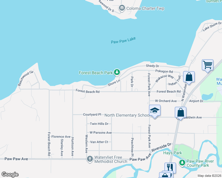 map of restaurants, bars, coffee shops, grocery stores, and more near 7855 Forest Beach Road in Watervliet