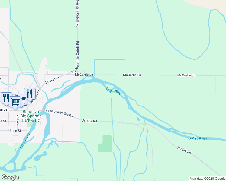map of restaurants, bars, coffee shops, grocery stores, and more near 3249 East Langell Valley Road in Bonanza