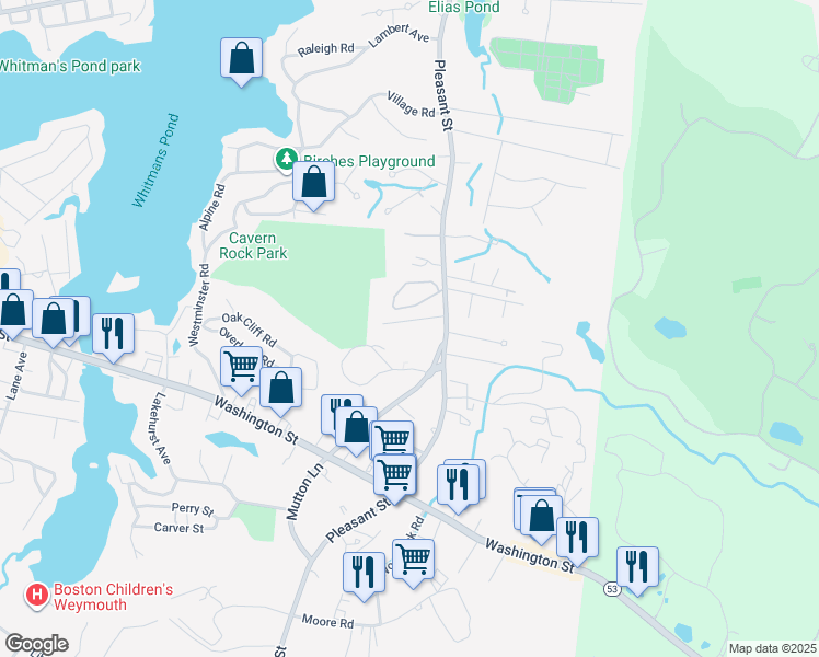 map of restaurants, bars, coffee shops, grocery stores, and more near 34 Garofalo Drive in Weymouth