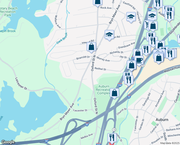 map of restaurants, bars, coffee shops, grocery stores, and more near 370 Oxford Street North in Auburn