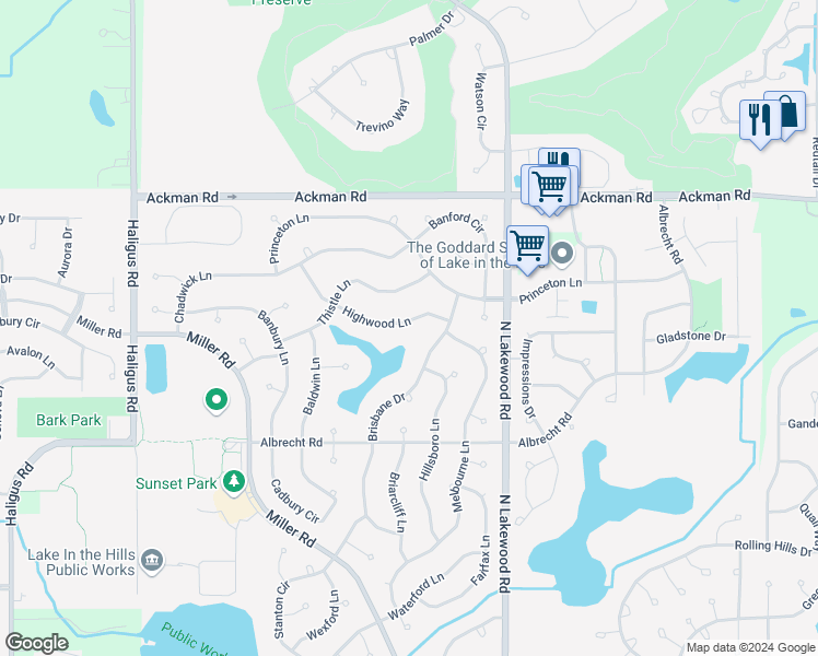 map of restaurants, bars, coffee shops, grocery stores, and more near 4810 Highwood Lane in Lake in the Hills