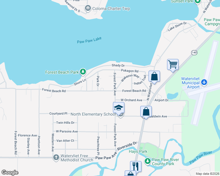 map of restaurants, bars, coffee shops, grocery stores, and more near 8057 Forest Beach Road in Watervliet