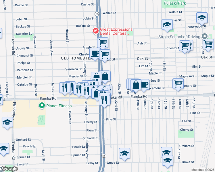 map of restaurants, bars, coffee shops, grocery stores, and more near 3171 Michigan 85 in Wyandotte