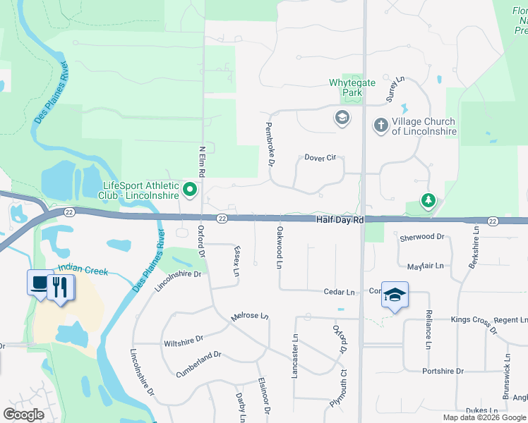 map of restaurants, bars, coffee shops, grocery stores, and more near 12 Half Day Road in Lincolnshire