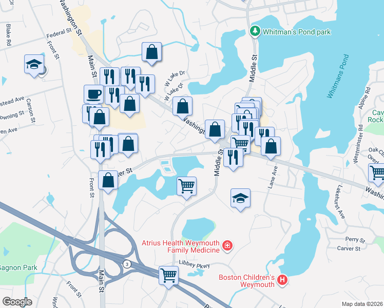 map of restaurants, bars, coffee shops, grocery stores, and more near 213 Winter Street in Weymouth