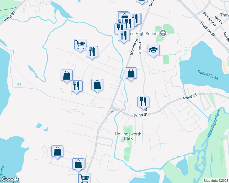 map of restaurants, bars, coffee shops, grocery stores, and more near 903 Granite Street in Braintree