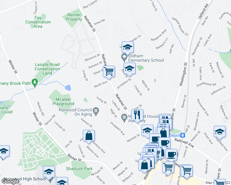 map of restaurants, bars, coffee shops, grocery stores, and more near Nahatan St & Prospect St in Norwood