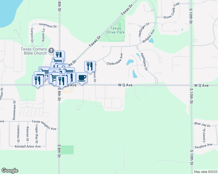 map of restaurants, bars, coffee shops, grocery stores, and more near 6631 West Q Avenue in Kalamazoo