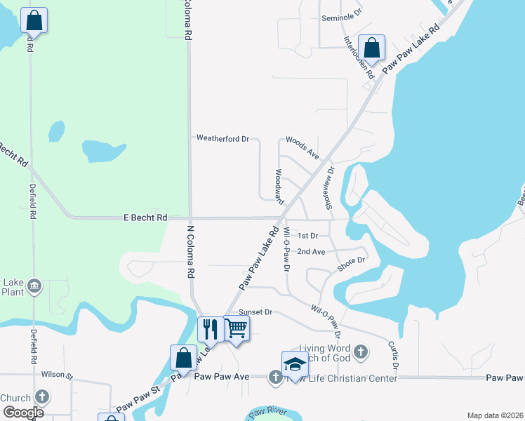 map of restaurants, bars, coffee shops, grocery stores, and more near 6682 East Becht Road in Coloma