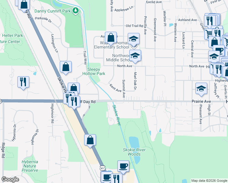 map of restaurants, bars, coffee shops, grocery stores, and more near 1100 Kent Avenue in Highland Park