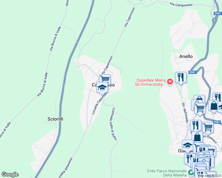 map of restaurants, bars, coffee shops, grocery stores, and more near 71 Località Caporosso in Caporosso