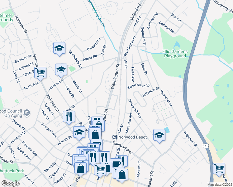 map of restaurants, bars, coffee shops, grocery stores, and more near 136 Hill Street in Norwood