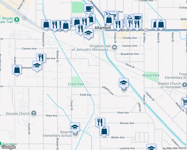 map of restaurants, bars, coffee shops, grocery stores, and more near 4030 Mack Avenue in Klamath Falls
