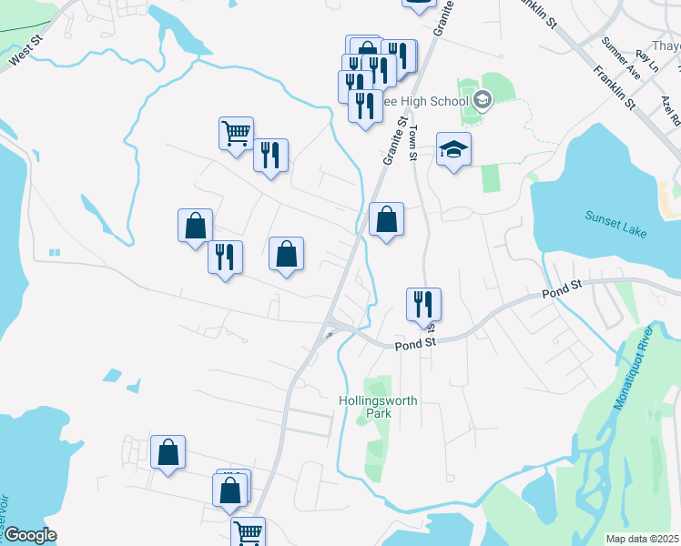 map of restaurants, bars, coffee shops, grocery stores, and more near 891 Granite Street in Braintree