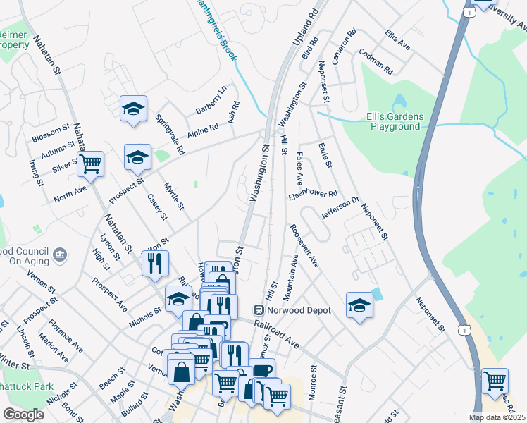 map of restaurants, bars, coffee shops, grocery stores, and more near 136 Hill Street in Norwood