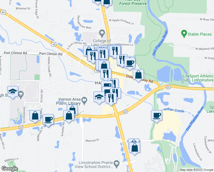 map of restaurants, bars, coffee shops, grocery stores, and more near in Vernon Hills