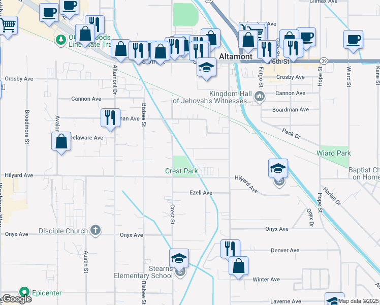 map of restaurants, bars, coffee shops, grocery stores, and more near 3901 Mack Avenue in Klamath Falls