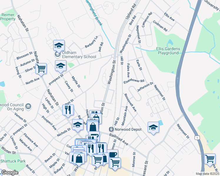 map of restaurants, bars, coffee shops, grocery stores, and more near 392 Washington Street in Norwood
