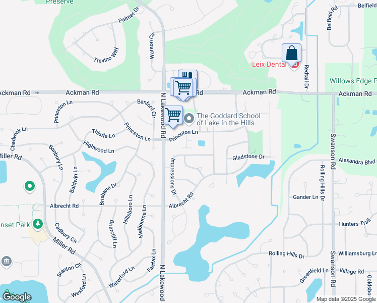 map of restaurants, bars, coffee shops, grocery stores, and more near 3143 Impressions Drive in Lake in the Hills