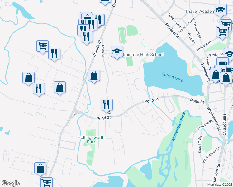map of restaurants, bars, coffee shops, grocery stores, and more near 60 Tower Hill Road in Braintree