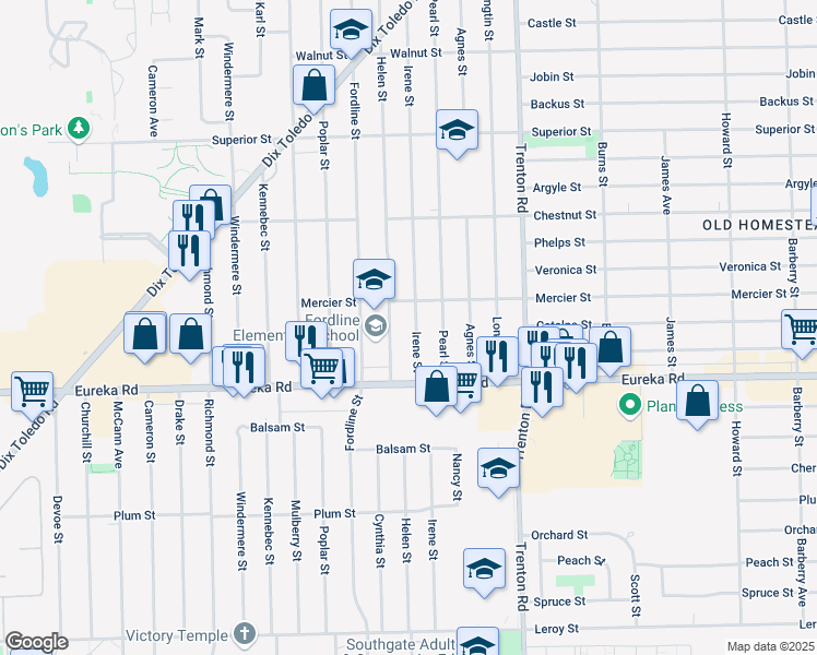 map of restaurants, bars, coffee shops, grocery stores, and more near 14688 Irene Street in Southgate