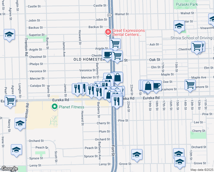 map of restaurants, bars, coffee shops, grocery stores, and more near 12733 Catalpa Street in Southgate