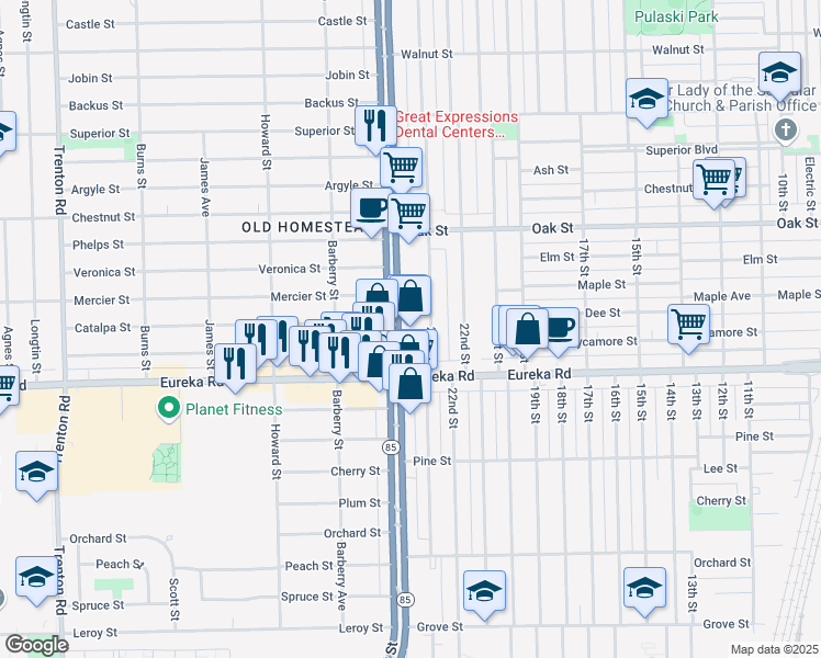 map of restaurants, bars, coffee shops, grocery stores, and more near 3171 Michigan 85 in Wyandotte