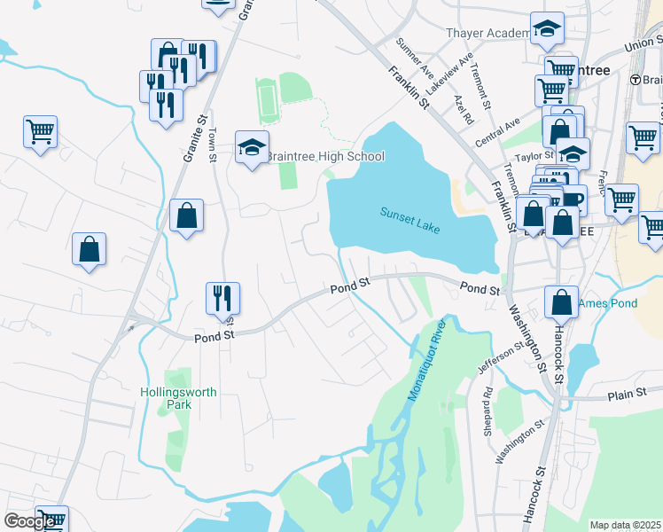 map of restaurants, bars, coffee shops, grocery stores, and more near 4 Royal Lake Drive in Braintree
