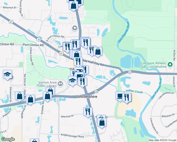 map of restaurants, bars, coffee shops, grocery stores, and more near 175 Olde Half Day Road in Lincolnshire