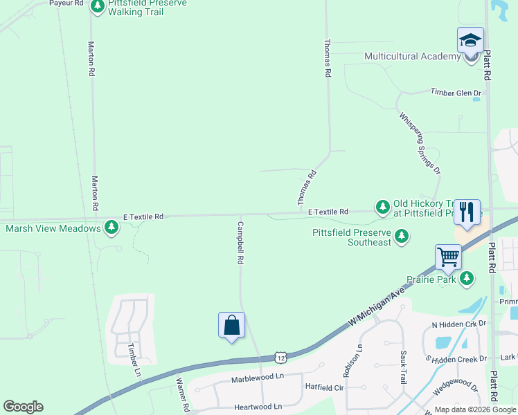 map of restaurants, bars, coffee shops, grocery stores, and more near 2345 East Textile Road in Ann Arbor